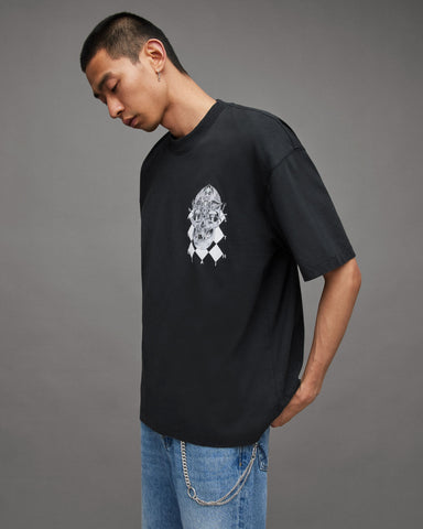 Grid Skull Printed Oversized T-Shirt